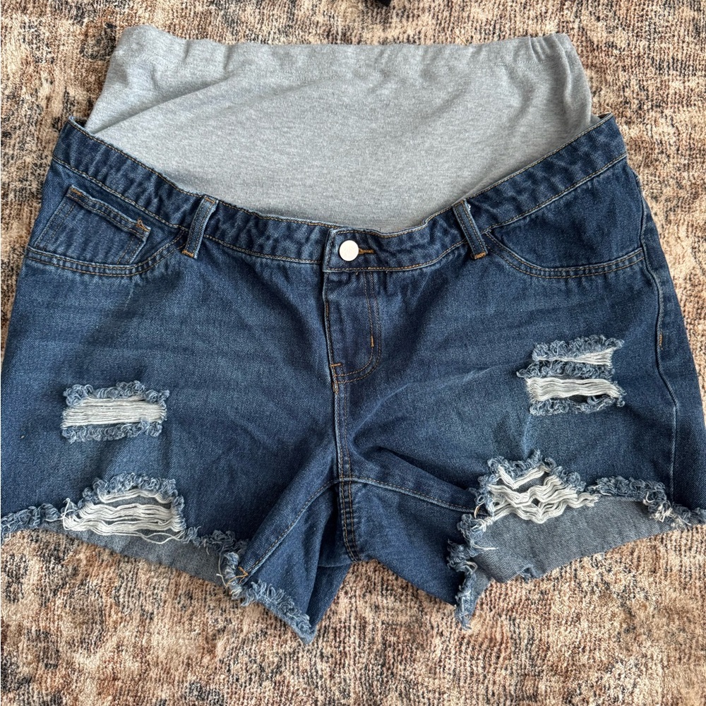 Denim Maternity Shorts with Gray Waistband